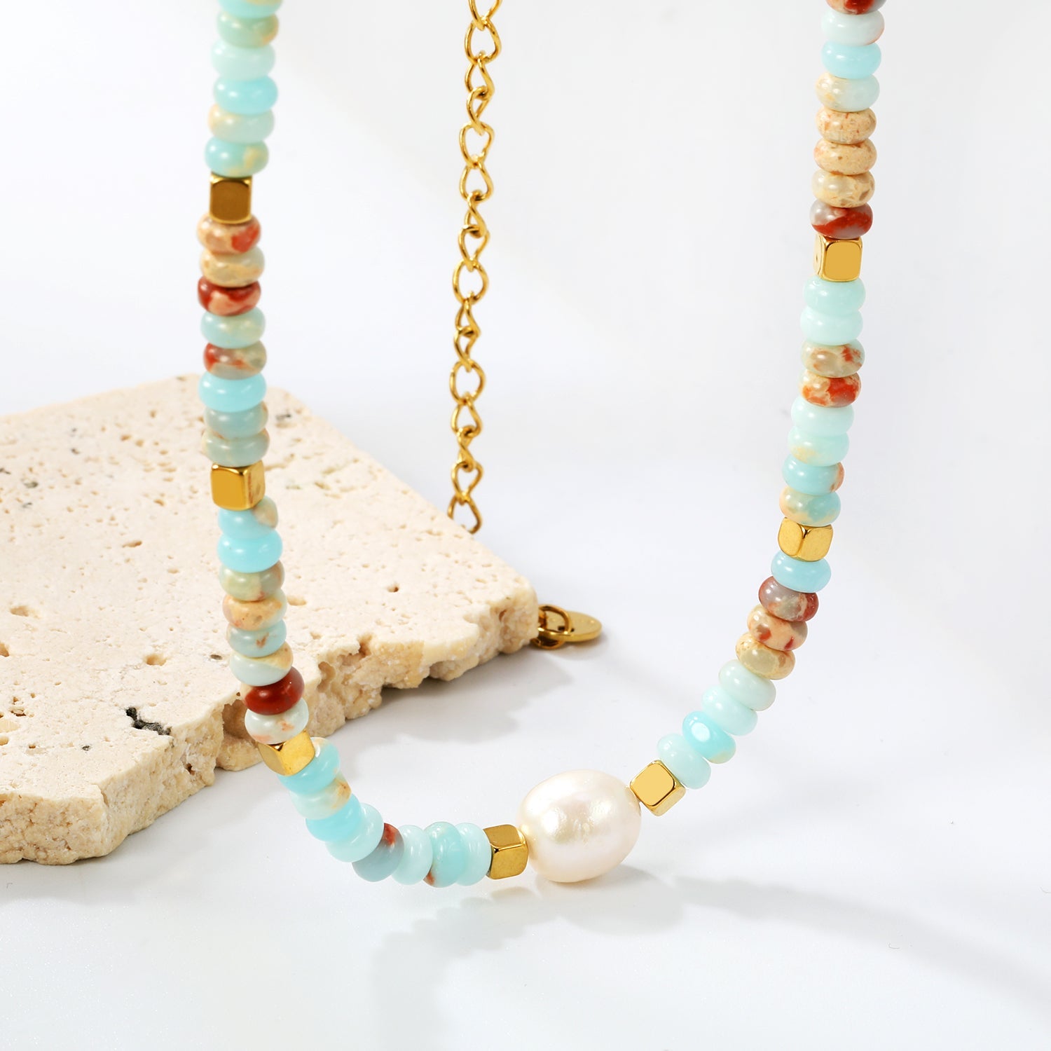 4.5*2.5mm Round Flat Imitation Shoushan Stone+3mm Square+8.2*9.5mm Freshwater Pearls Necklace 35+7cm+6mm Round Necklace GOLDEN asonjewelry