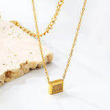 7.7 x 6mm beveled rectangular CNC white zirconia pendant, 0.3mm cross chain 40+5cm + 6mm round pendant necklace, steel color/gold color