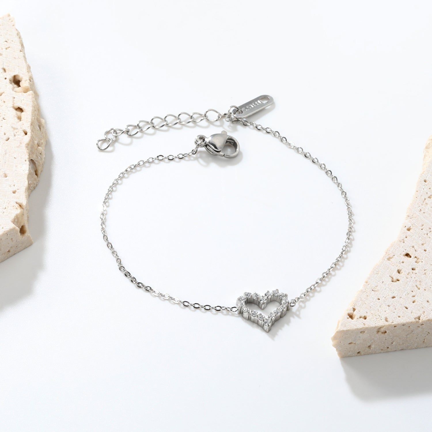 11.2*10mm Skeletonized Heart CNC White Zirconia Circle Accessories Bracelet 17+3cm+6mm Round Tail Plate Steel Color / Gold asonjewelry