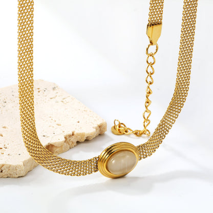 14*17mm Oval with white cat's eye/tiger eye pendant Thick 1*Wide 6mm Mesh Chain 40+5cm+6mm Round Necklace Golden asonjewelry