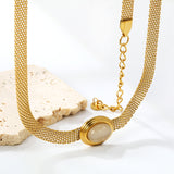 14*17mm Oval with white cat's eye/tiger eye pendant Thick 1*Wide 6mm Mesh Chain 40+5cm+6mm Round Necklace Golden