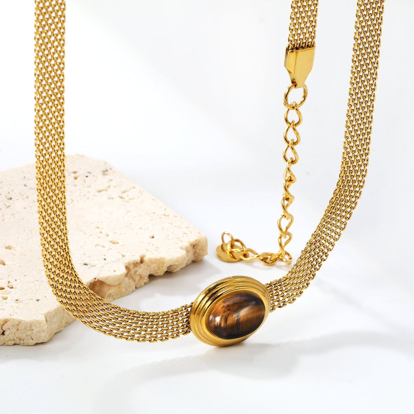 14*17mm Oval with white cat's eye/tiger eye pendant Thick 1*Wide 6mm Mesh Chain 40+5cm+6mm Round Necklace Golden asonjewelry