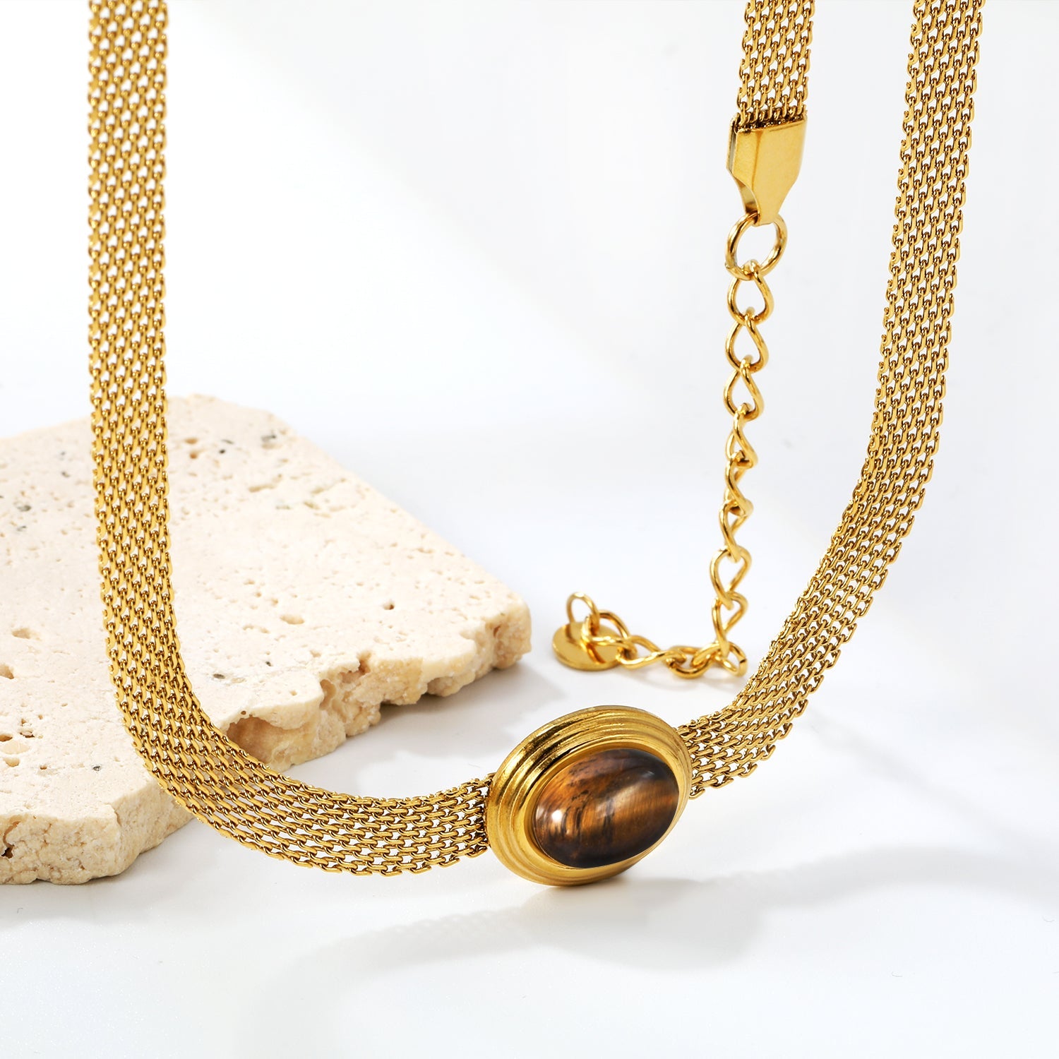 14*17mm Oval with white cat's eye/tiger eye pendant Thick 1*Wide 6mm Mesh Chain 40+5cm+6mm Round Necklace Golden asonjewelry