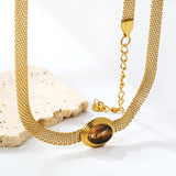 14*17mm Oval with white cat's eye/tiger eye pendant Thick 1*Wide 6mm Mesh Chain 40+5cm+6mm Round Necklace Golden