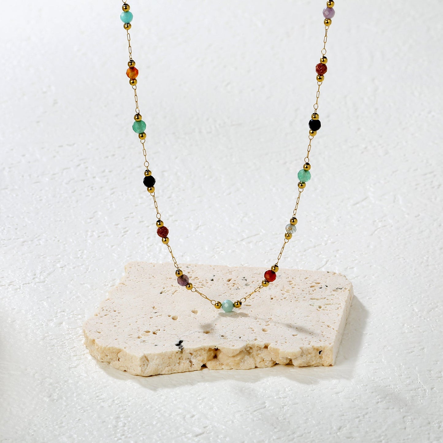 2mm Small Steel Bead + 3.2mm Colored Stone Square End Cap Necklace, Gold asonjewelry