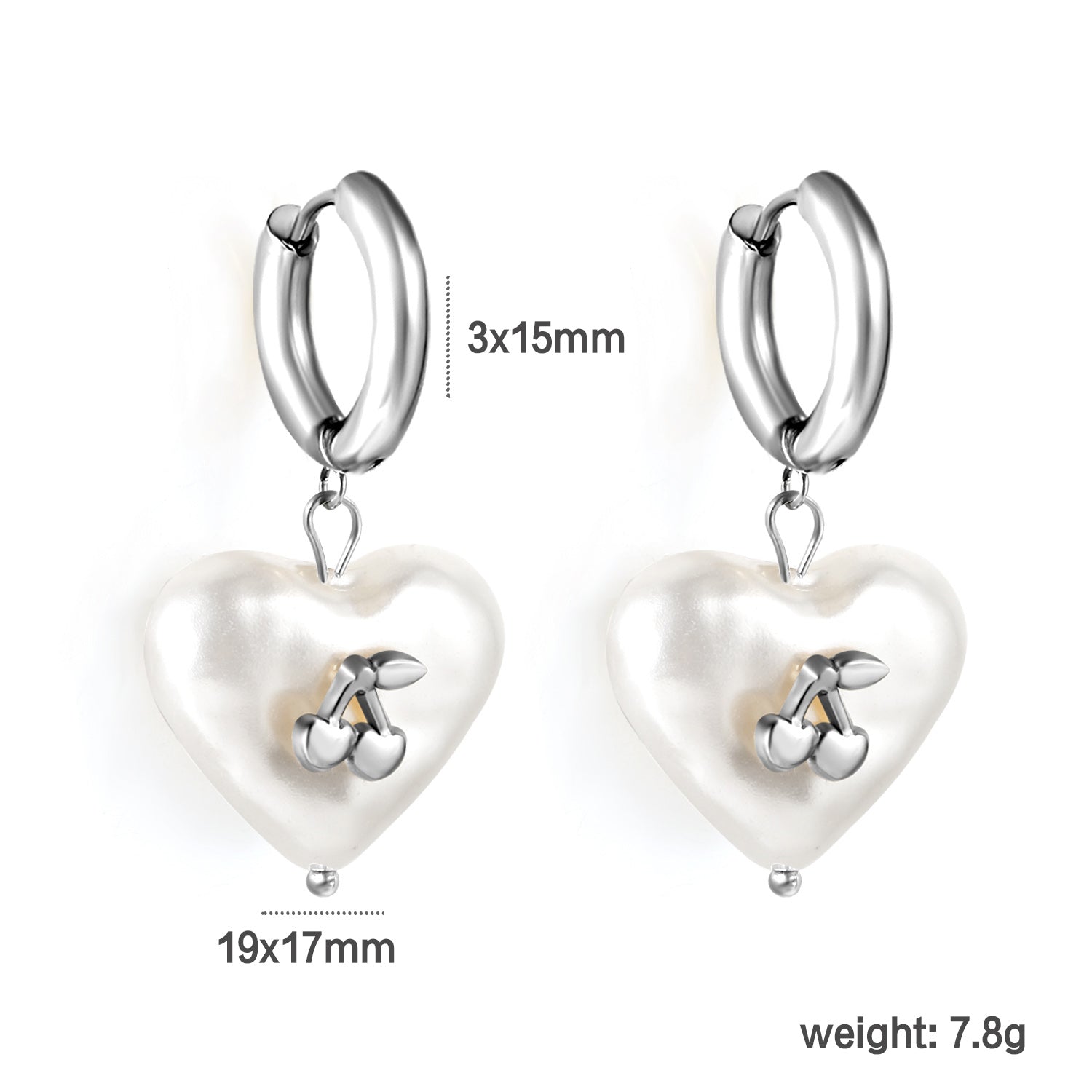 3x15mm circle with heart shaped white pearl + cherry stud earrings steel color / gold color asonjewelry