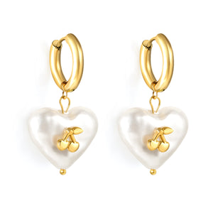 3x15mm circle with heart shaped white pearl + cherry stud earrings steel color / gold color