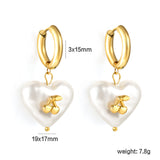 3x15mm circle with heart shaped white pearl + cherry stud earrings steel color / gold color