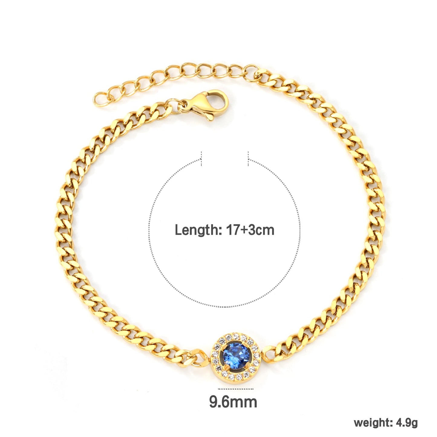 9.6mm round blue zirconium + CNC white zirconium circle fittings 17+3cm bracelet Gold color asonjewelry