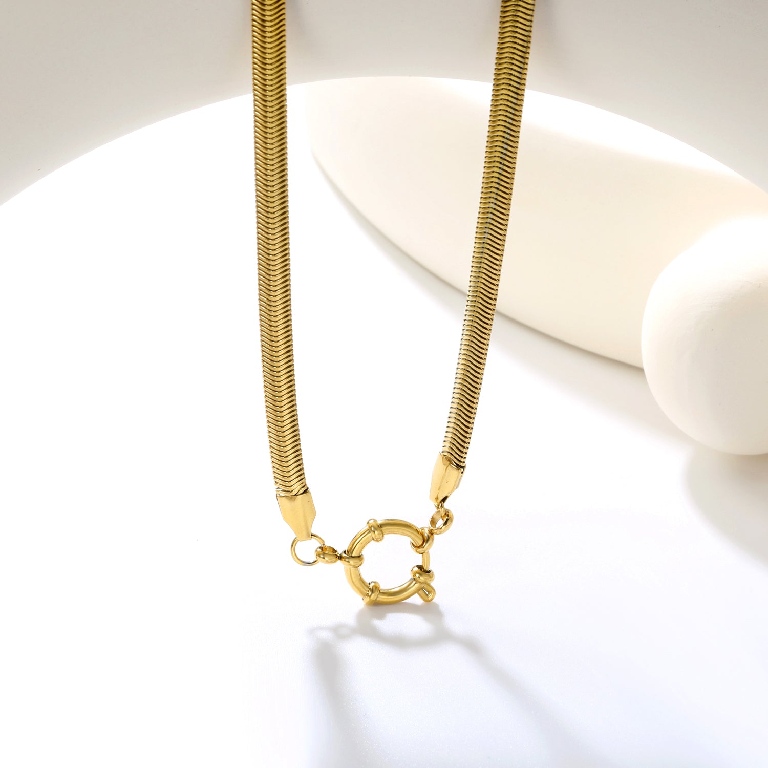 Flat snake chain 5mm wide x 2.2mm thick + 43cm + round clasp outer diameter 14.1mm necklace, gold asonjewelry