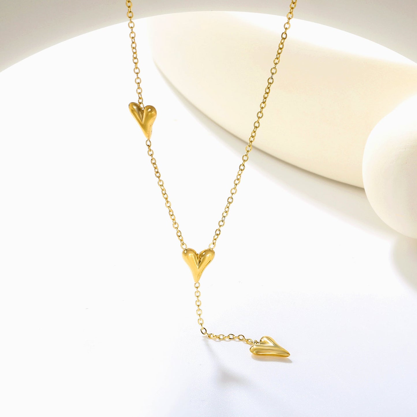 Wholesale 8 x 10.2mm 3 heart-shaped accessories 40+5cm+6mm round pendant necklace, gold asonjewelry