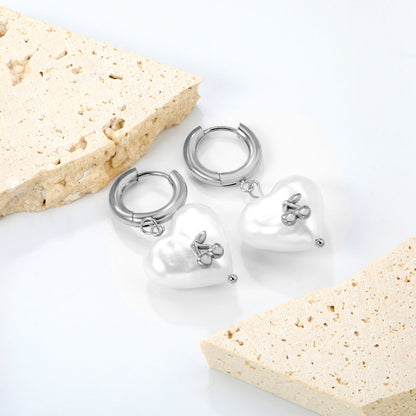 3x15mm circle with heart shaped white pearl + cherry stud earrings steel color / gold color asonjewelry