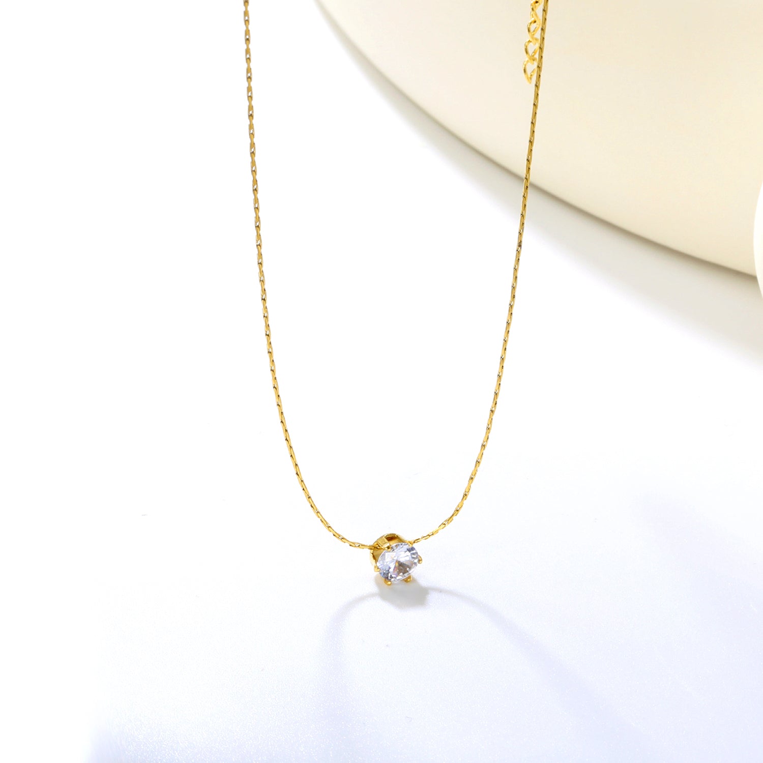 5mm Six Claws Round White Diamond Pendant 40+5cm+6mm Round Tail Plaque Necklace Steel/Golden asonjewelry
