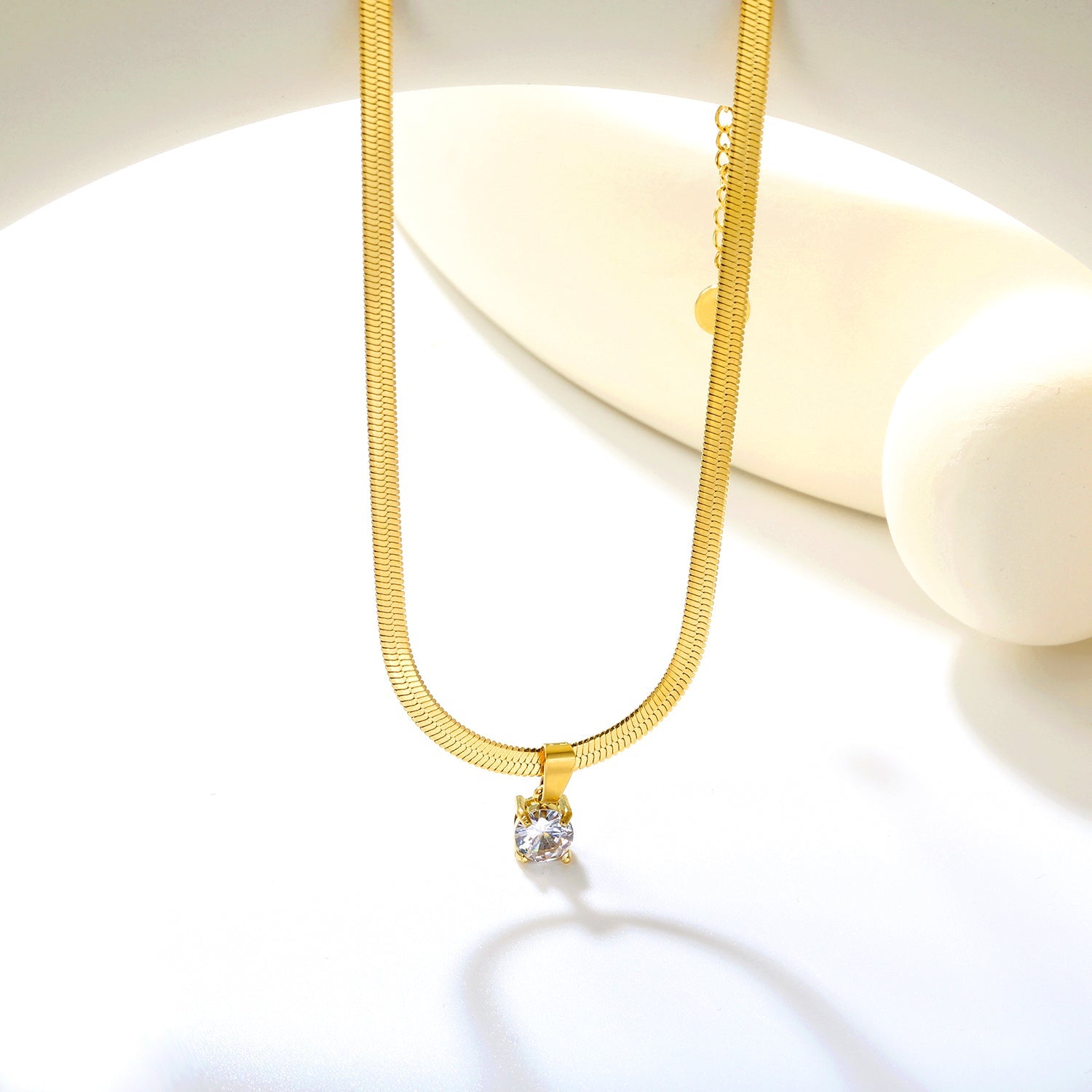 5.9 mm round white diamond pendant, 3.2 mm blade chain 40 + 5 cm + 6 mm round tail tag necklace, gold asonjewelry