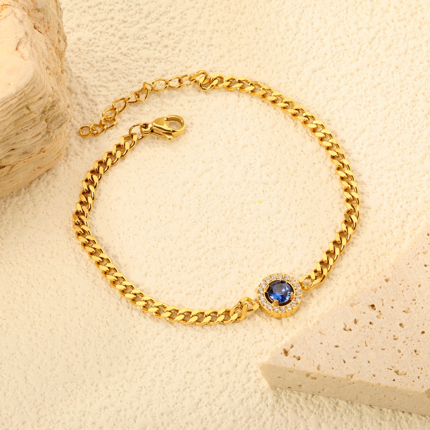 9.6mm round blue zirconium + CNC white zirconium circle fittings 17+3cm bracelet Gold color asonjewelry