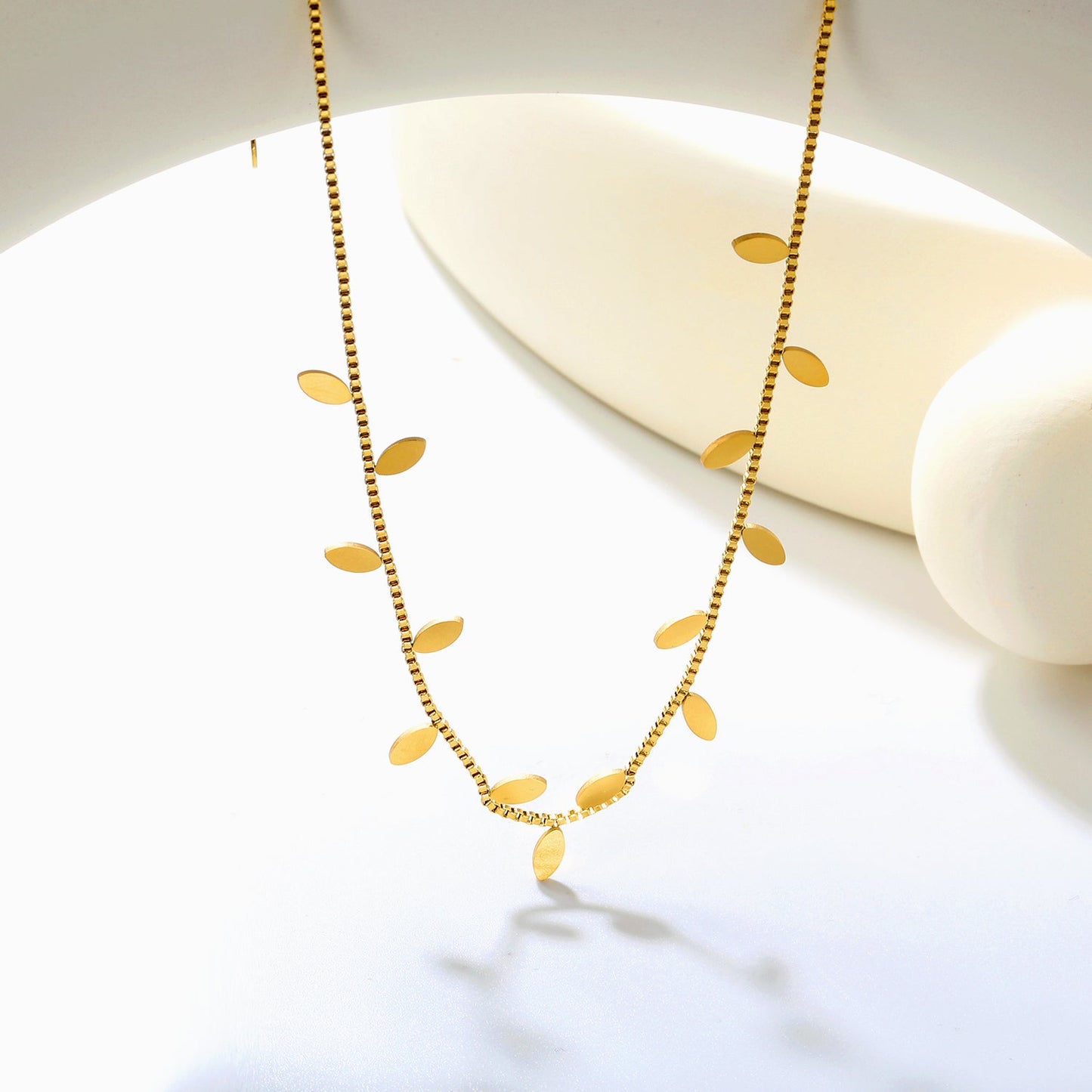 5.6*2.9mm Vine Shape 1.0 Box Chain 40+5cm+6mm Round Tail Plaque Necklace Steel/Golden asonjewelry