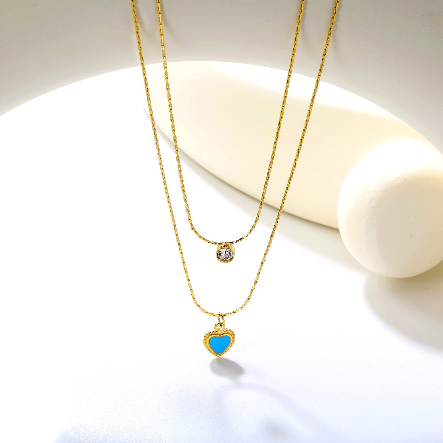 5mm cylindrical white diamond + 8.5x11.1mm blue teardrop heart 0.9 hammered square chain 50+40+5cm + 6mm round tag double chain necklace, gold asonjewelry