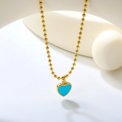 14.3x16.4mm blue teardrop heart 3mm bead chain 40+5cm + 6mm round tag necklace, gold asonjewelry