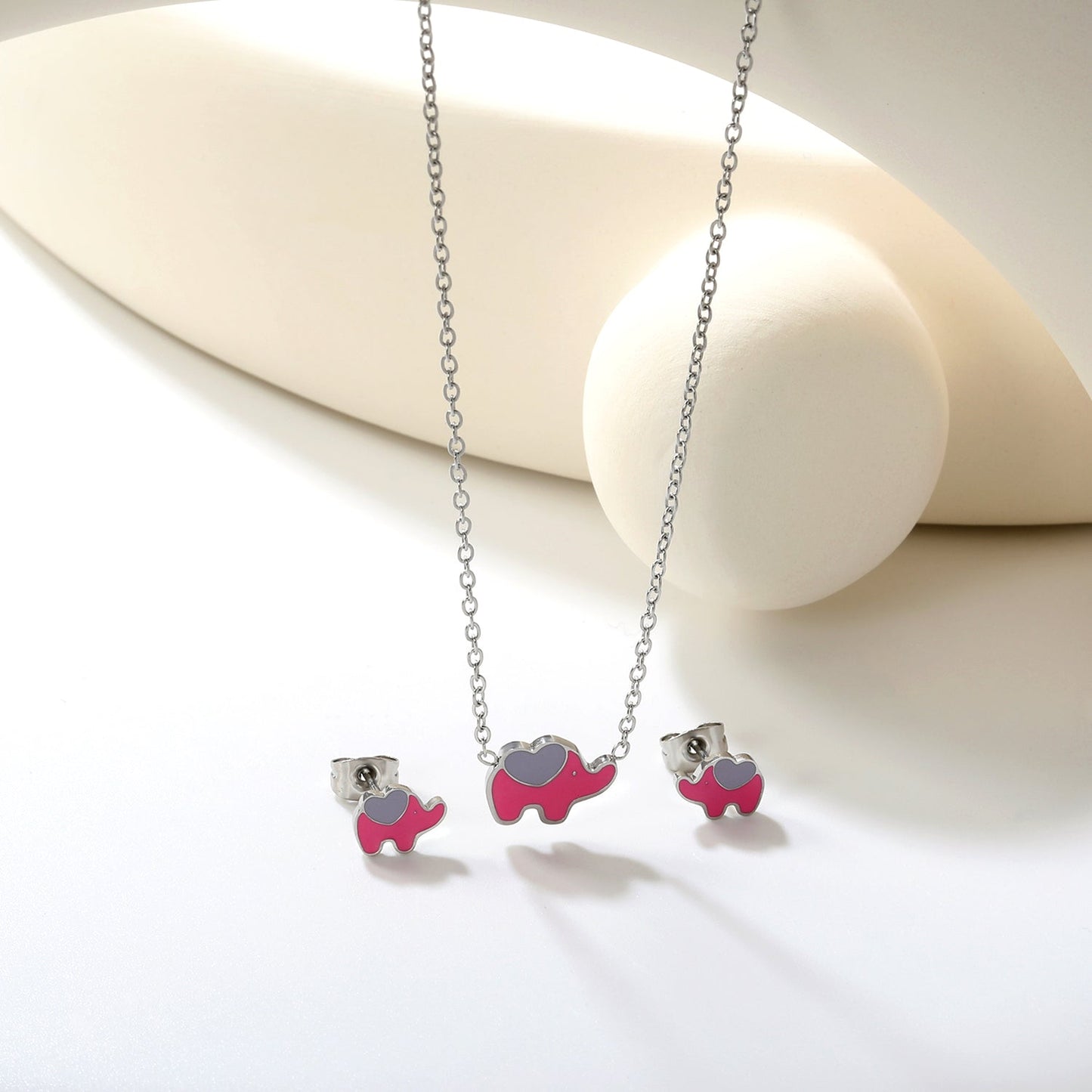 8.6*6.4mm small elephant with pink oil drop earrings +12.2*9mm pendant set cross 0.3mm*45+5cm+6mm round plate steel color / gold color asonjewelry