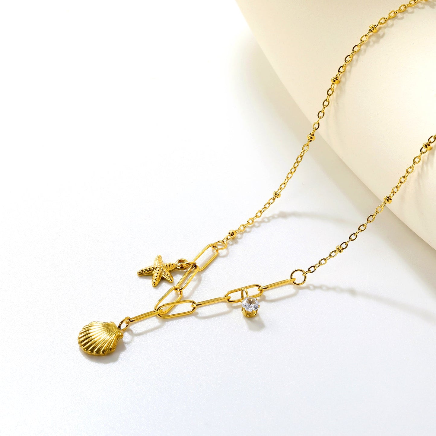 10.2*10.7mm shell+9*12.7mm starfish+4.2mm cylindrical white diamonds 42+5cm+10*3cm necklace steel/golden asonjewelry