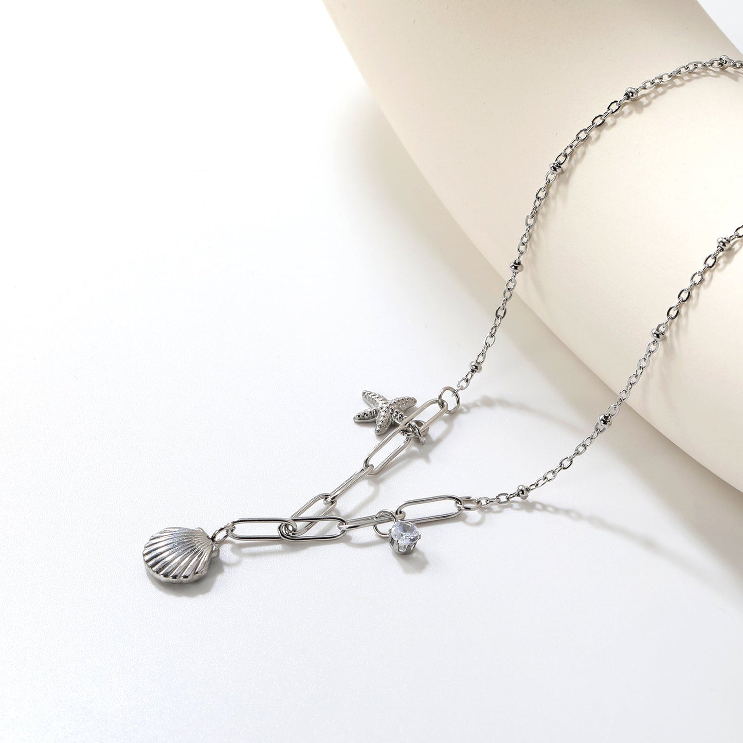 10.2*10.7mm shell+9*12.7mm starfish+4.2mm cylindrical white diamonds 42+5cm+10*3cm necklace steel/golden asonjewelry