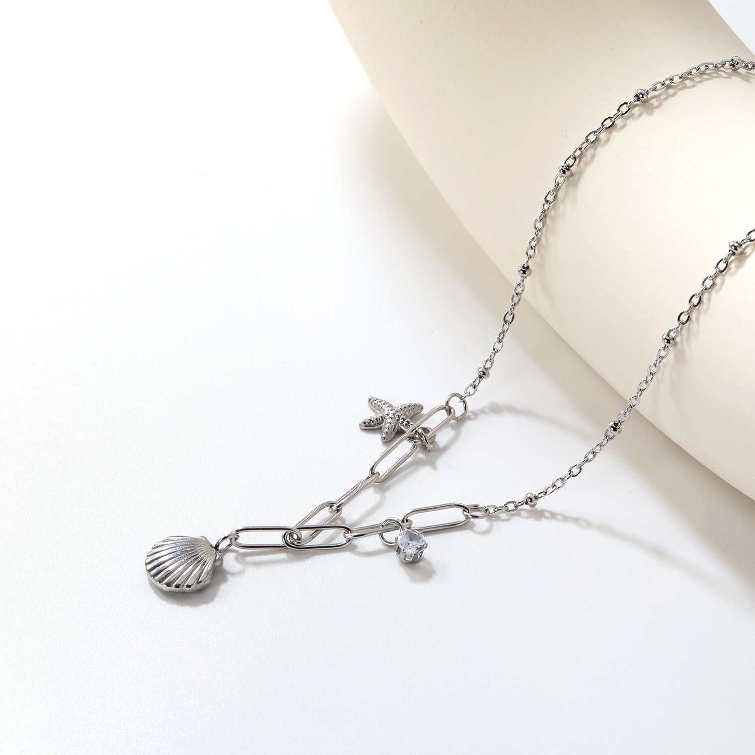 10.2*10.7mm shell+9*12.7mm starfish+4.2mm cylindrical white diamonds 42+5cm+10*3cm necklace steel/golden asonjewelry