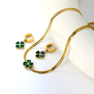 Quadruple Leaf Zirconia Necklace Earrings Set Gold Earrings: 13.4*13.6mm Pendant: 12.1*12.1mm3.8mm Gold Dragon Chain 40+5cm+11.2*3.7mm Square Tail Plaque