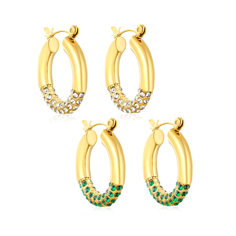 4.2mm Ear Hooks*24mm Outer Diameter with White Rhinestones / Emerald Earrings in Gold