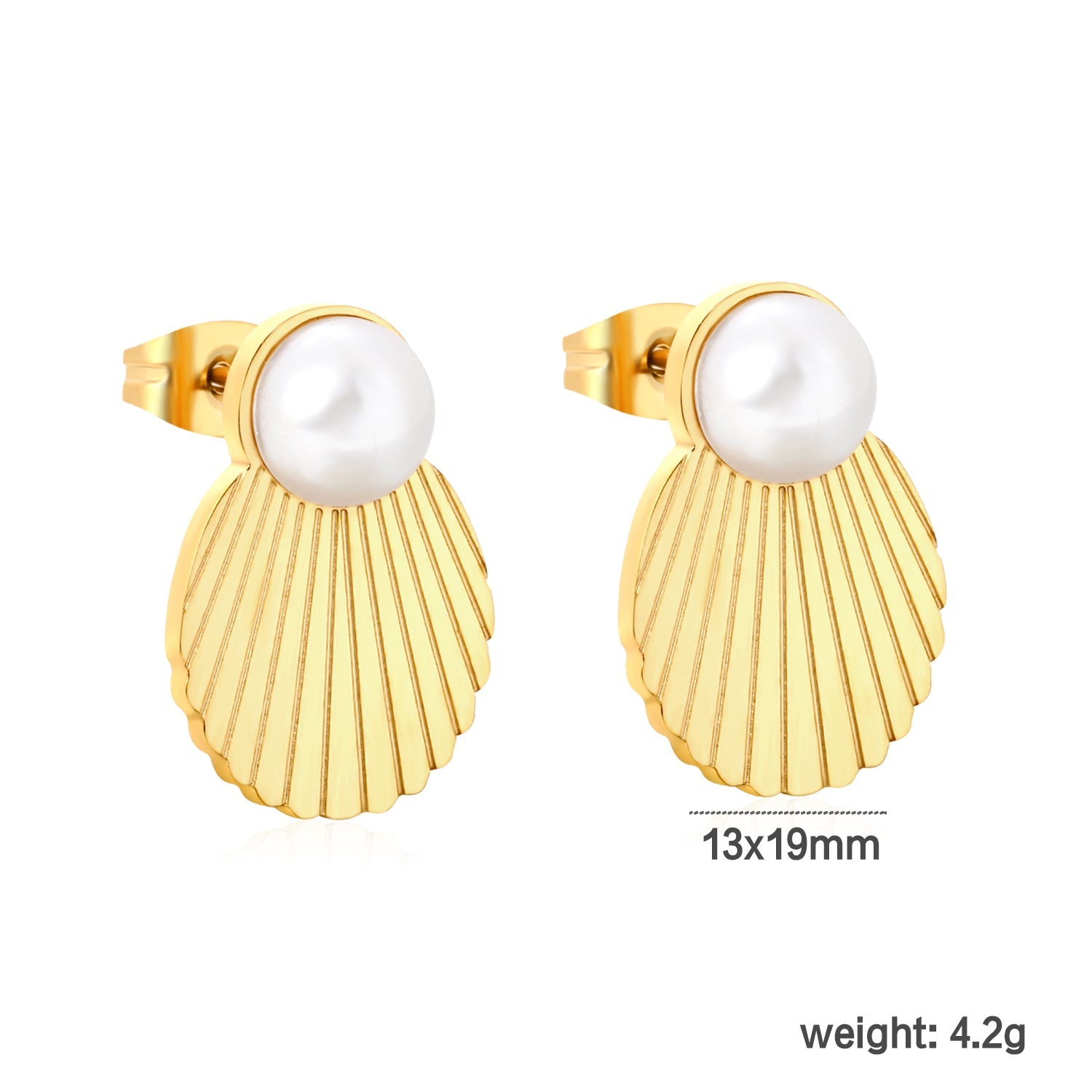 13*19mm Shell Pearl Stud Earrings, Gold asonjewelry