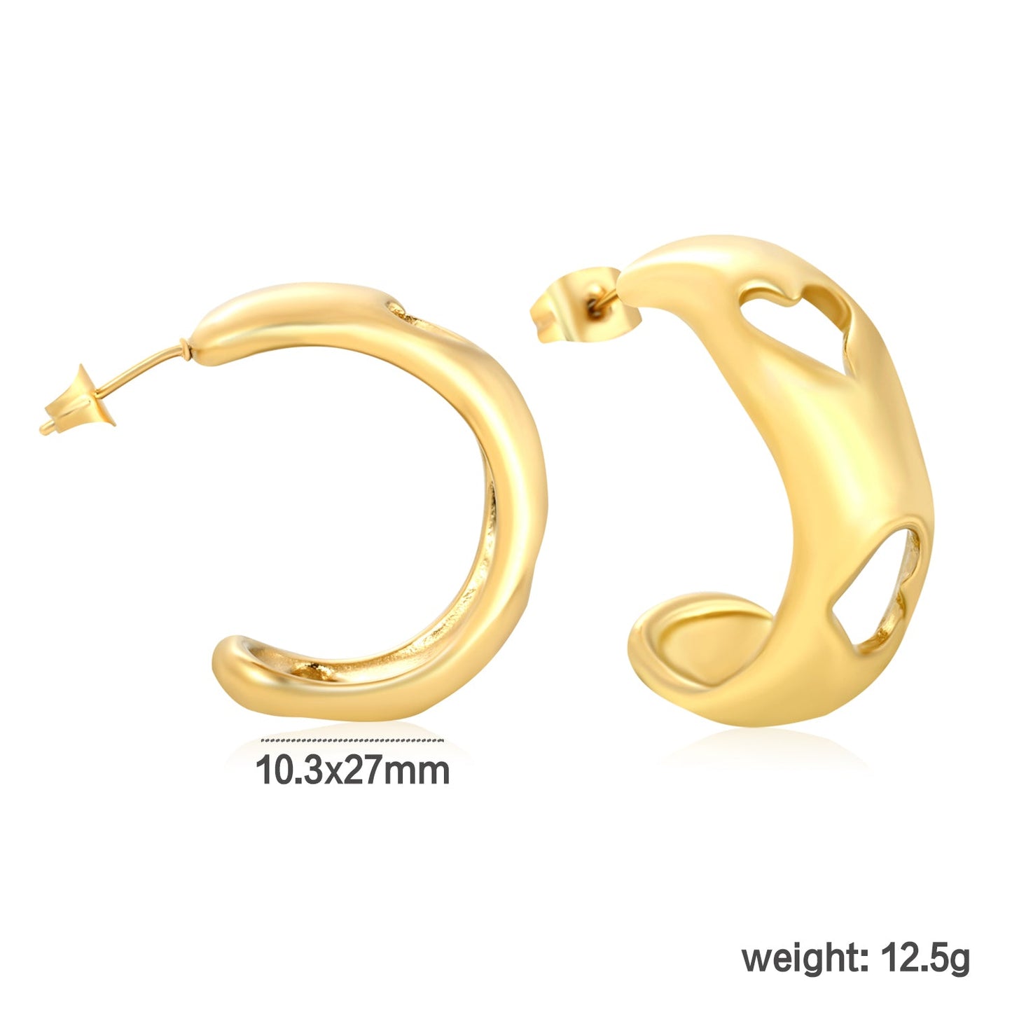 10.3*27mm C-Shaped Openwork Heart Stud Earrings Gold asonjewelry