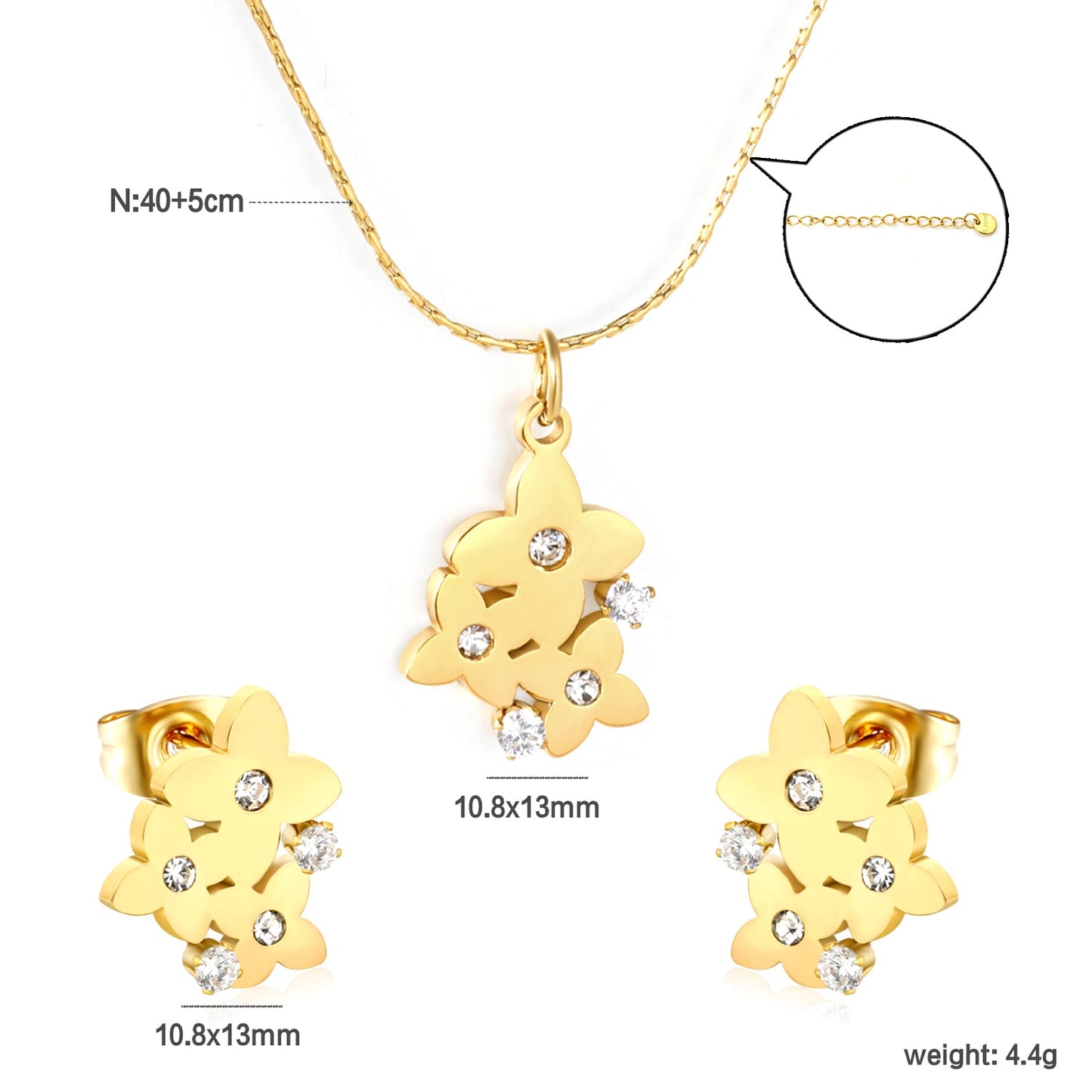 Flower-Shaped Round Diamond Set Gold Earrings/Pendant 0.3ct Cross-Cut Round Diamond 40+5cm Chain + 6mm Round Tag asonjewelry