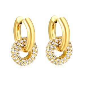 4mm Ear Hooks*20mm Outer Diameter 15.5mm Donut with White Rhinestones / Emerald Earrings in Gold