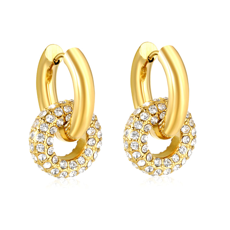 4mm Ear Hooks*20mm Outer Diameter 15.5mm Donut with White Rhinestones / Emerald Earrings in Gold
