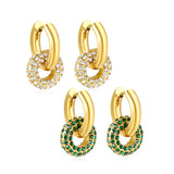 4mm Ear Hooks*20mm Outer Diameter 15.5mm Donut with White Rhinestones / Emerald Earrings in Gold