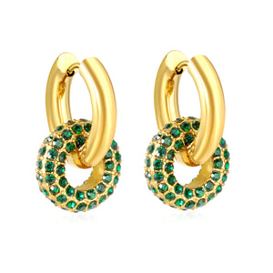 4mm Ear Hooks*20mm Outer Diameter 15.5mm Donut with White Rhinestones / Emerald Earrings in Gold