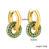 4mm Ear Hooks*20mm Outer Diameter 15.5mm Donut with White Rhinestones / Emerald Earrings in Gold