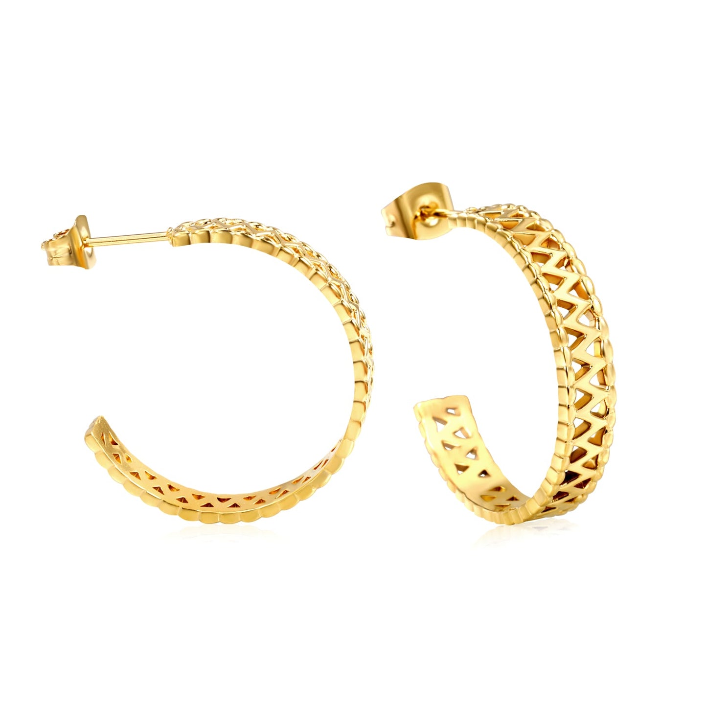 C-Shape Openwork Flower Earrings Thick1.4*W5*H25mm Goldtone asonjewelry