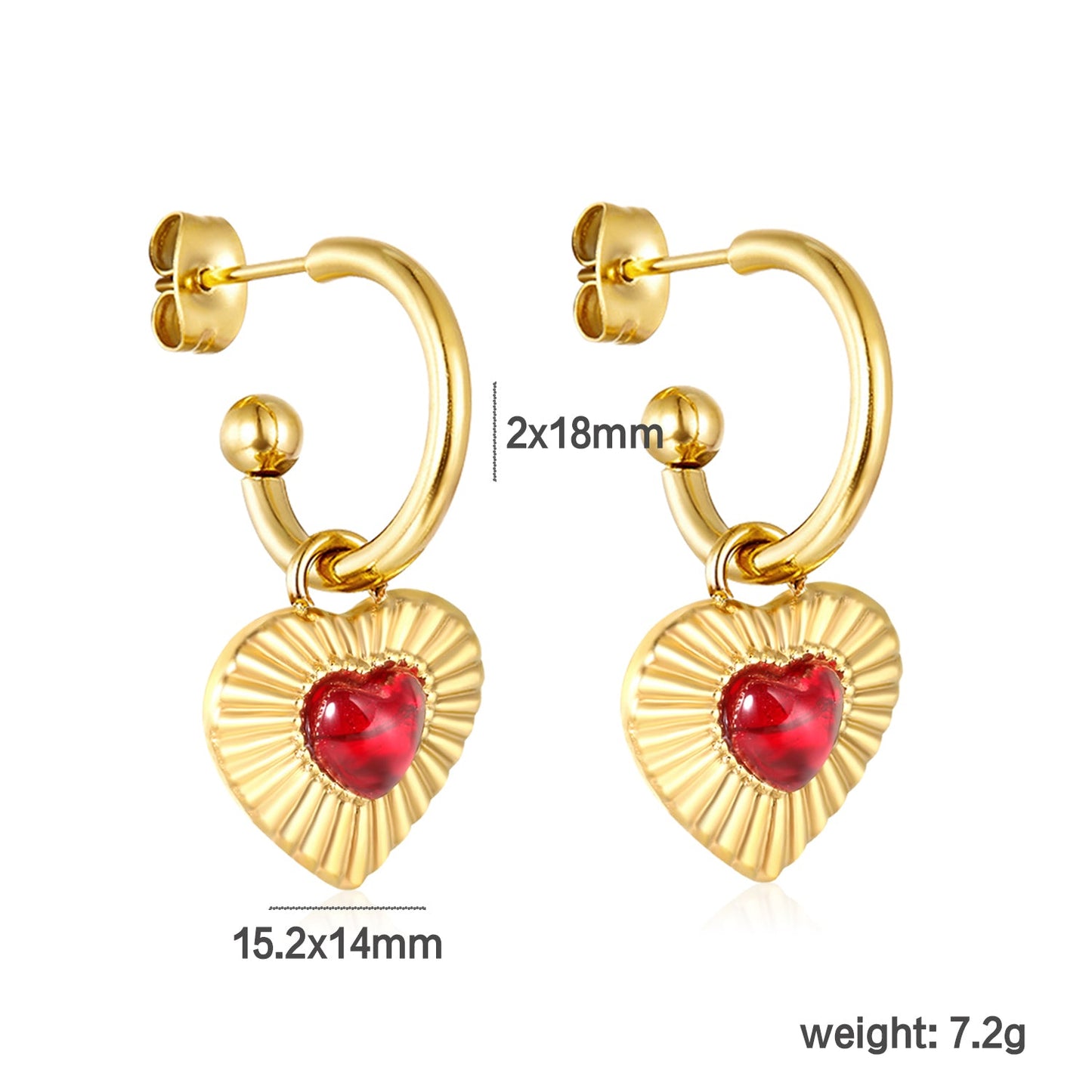 2.0mm*Outer Diameter 18mm 15.2mm*14mm Heart-Shaped Red Agate Stone Earrings, Gold asonjewelry