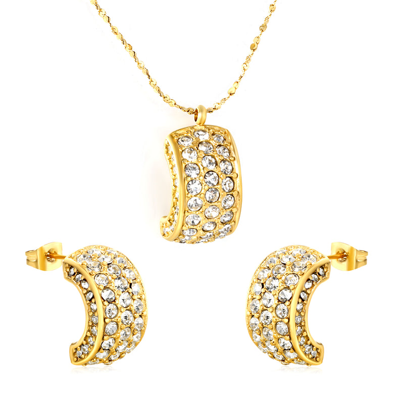 C-Shaped White Diamond/Emerald-Cut Diamond Set Gold Earrings/Pendant 0.3ct Cross-Cut Round Diamond 40+5cm Chain + 6mm Round Tag