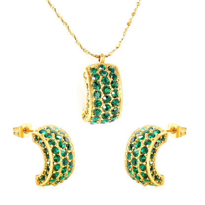 C-Shaped White Diamond/Emerald-Cut Diamond Set Gold Earrings/Pendant 0.3ct Cross-Cut Round Diamond 40+5cm Chain + 6mm Round Tag asonjewelry