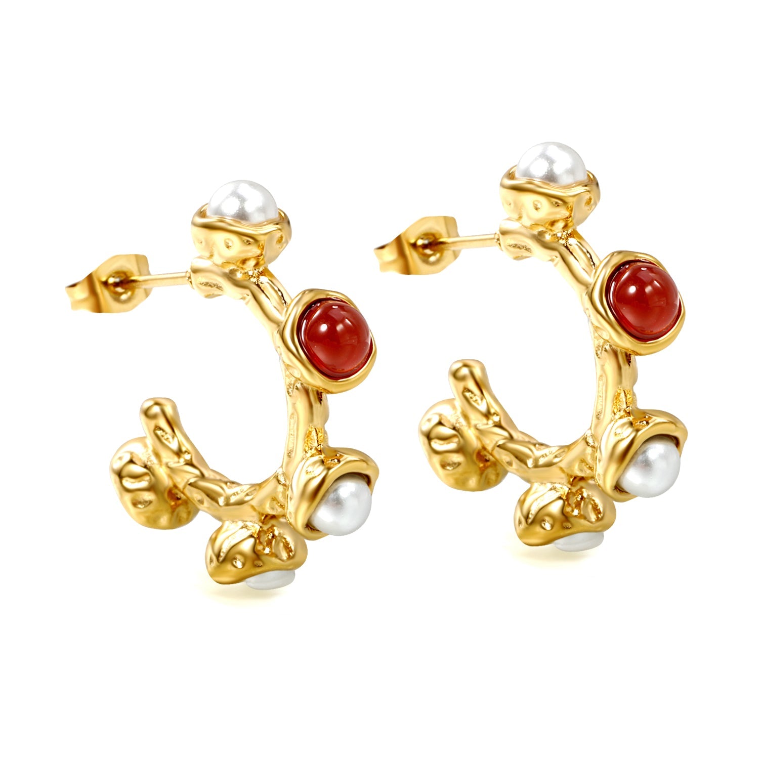 Half Round with 1pc 4mm Red Zircon + 4pcs 4mm White Pearls earring clips Thick2.4*High24.4mm Gold color asonjewelry