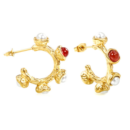 Half Round with 1pc 4mm Red Zircon + 4pcs 4mm White Pearls earring clips Thick2.4*High24.4mm Gold color asonjewelry