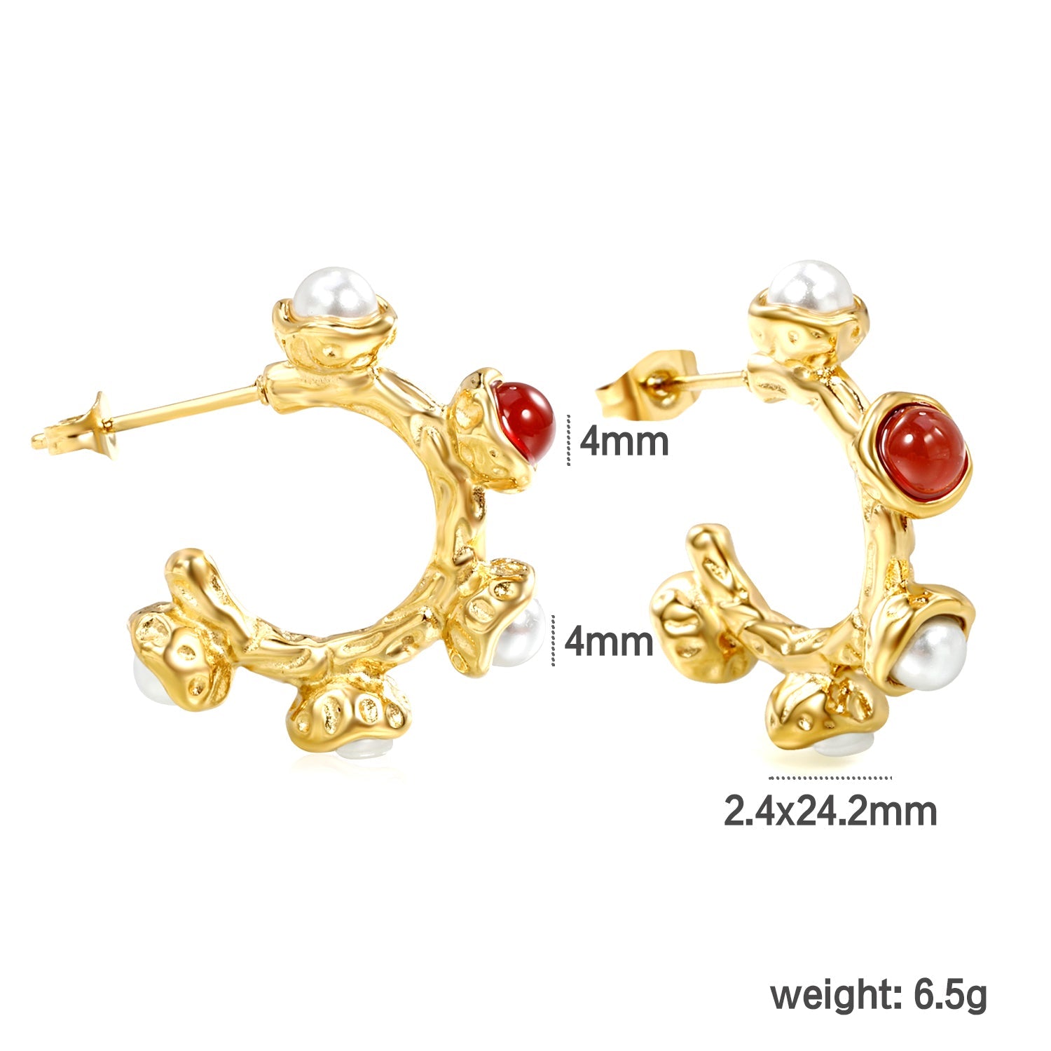 Half Round with 1pc 4mm Red Zircon + 4pcs 4mm White Pearls earring clips Thick2.4*High24.4mm Gold color asonjewelry