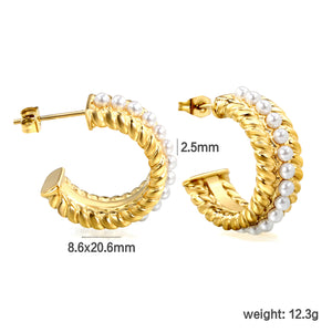 Half Round Twisted Lace Ear Clips with 17pcs 2.5mm White Pearls 8.6*20.6mm Gold Color