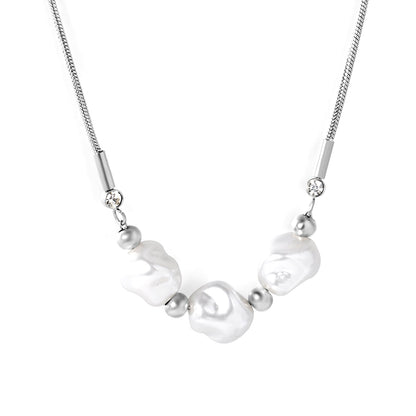 3 imitation pearls + 4 steel beads + round snake chain with round pendant Necklace in steel/gold asonjewelry