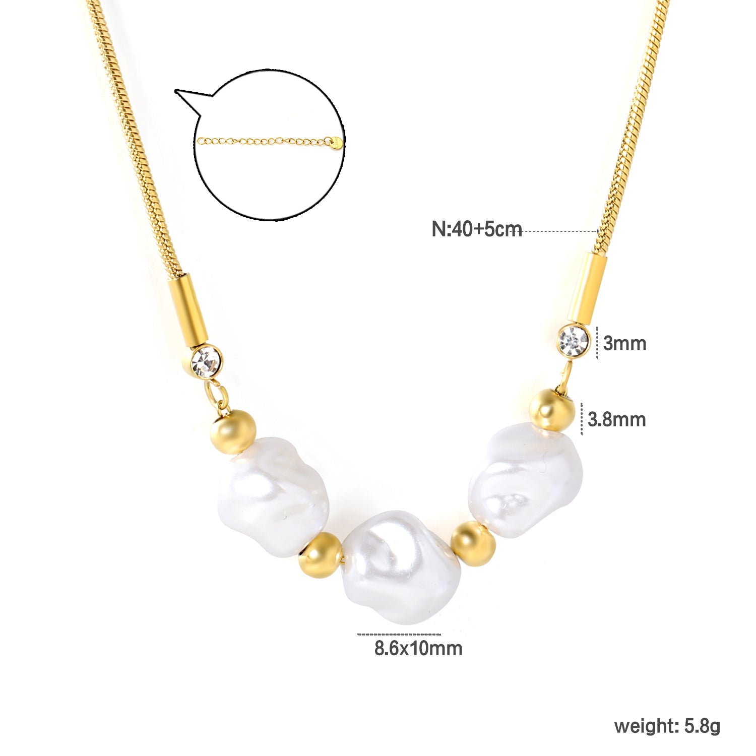 3 imitation pearls + 4 steel beads + round snake chain with round pendant Necklace in steel/gold asonjewelry