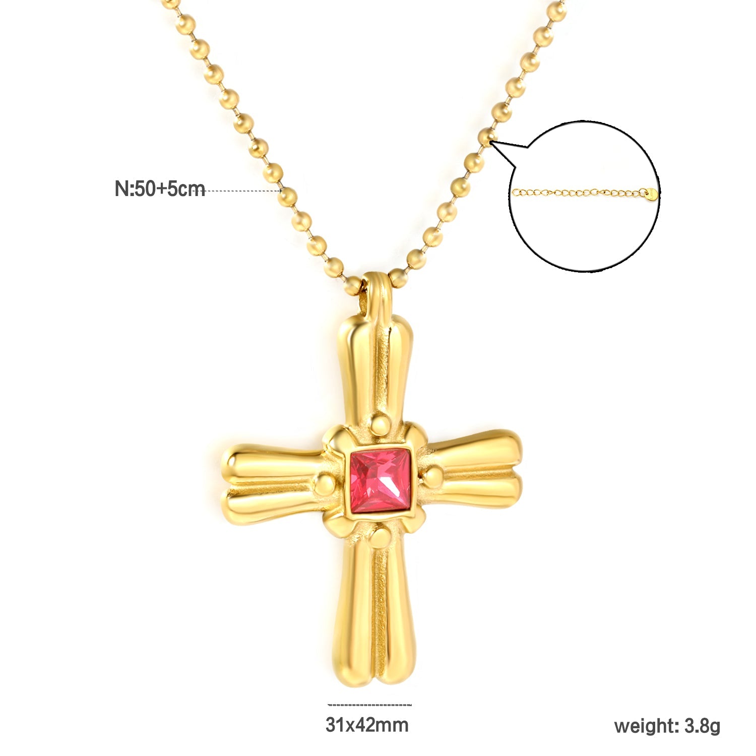 31*42mm Cross Square Rose-Colored Zircon Pendant Bead Chain Round End Cap Necklace, Gold asonjewelry