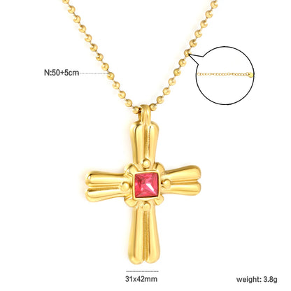 31*42mm Cross Square Rose-Colored Zircon Pendant Bead Chain Round End Cap Necklace, Gold asonjewelry