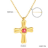 31*42mm Cross Square Rose-Colored Zircon Pendant Bead Chain Round End Cap Necklace, Gold