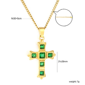Cross-Shaped Square Emerald Nano Square Zircon Pendant 2.0 with Double-Sided Polished Round End Cap Necklace, Gold